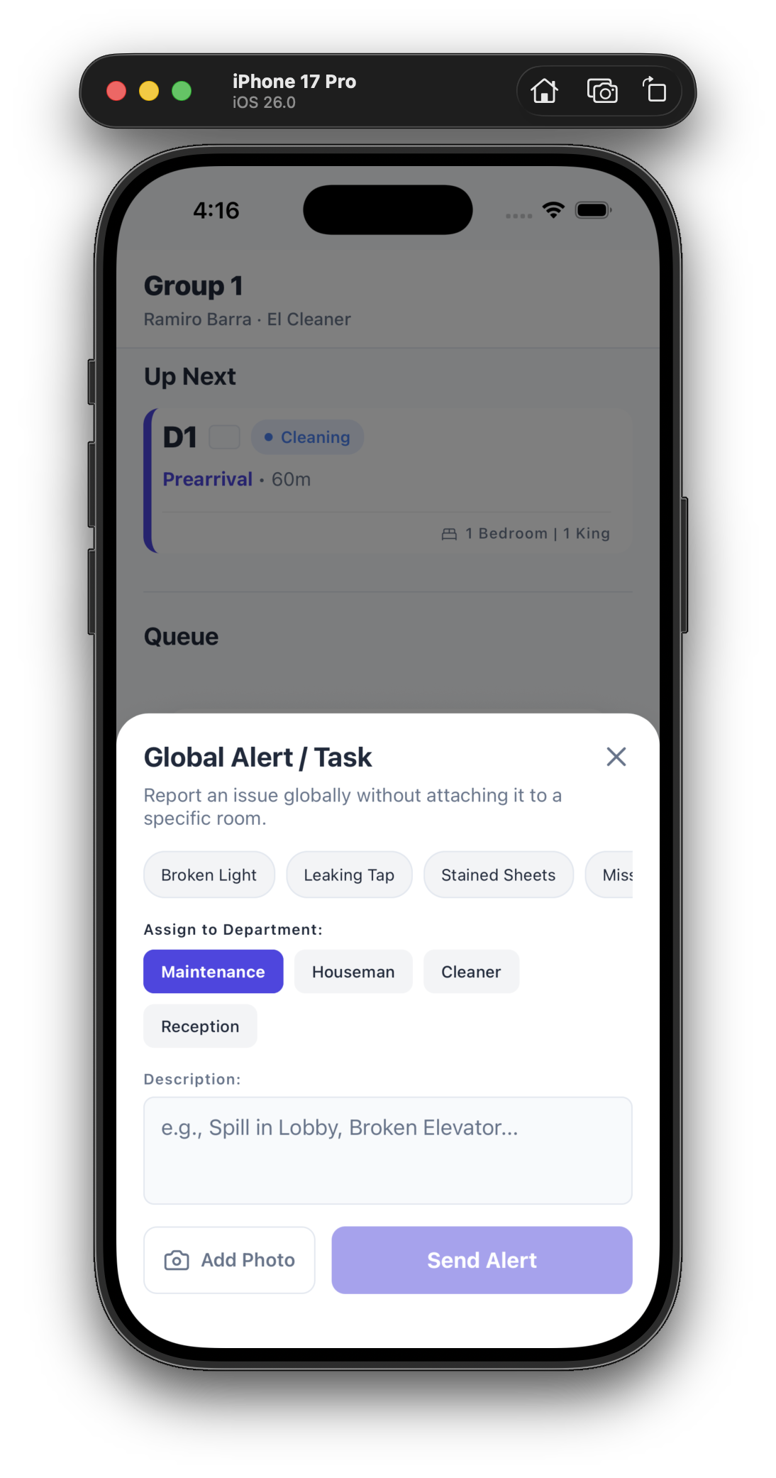 Global alert modal for reporting issues to any department
