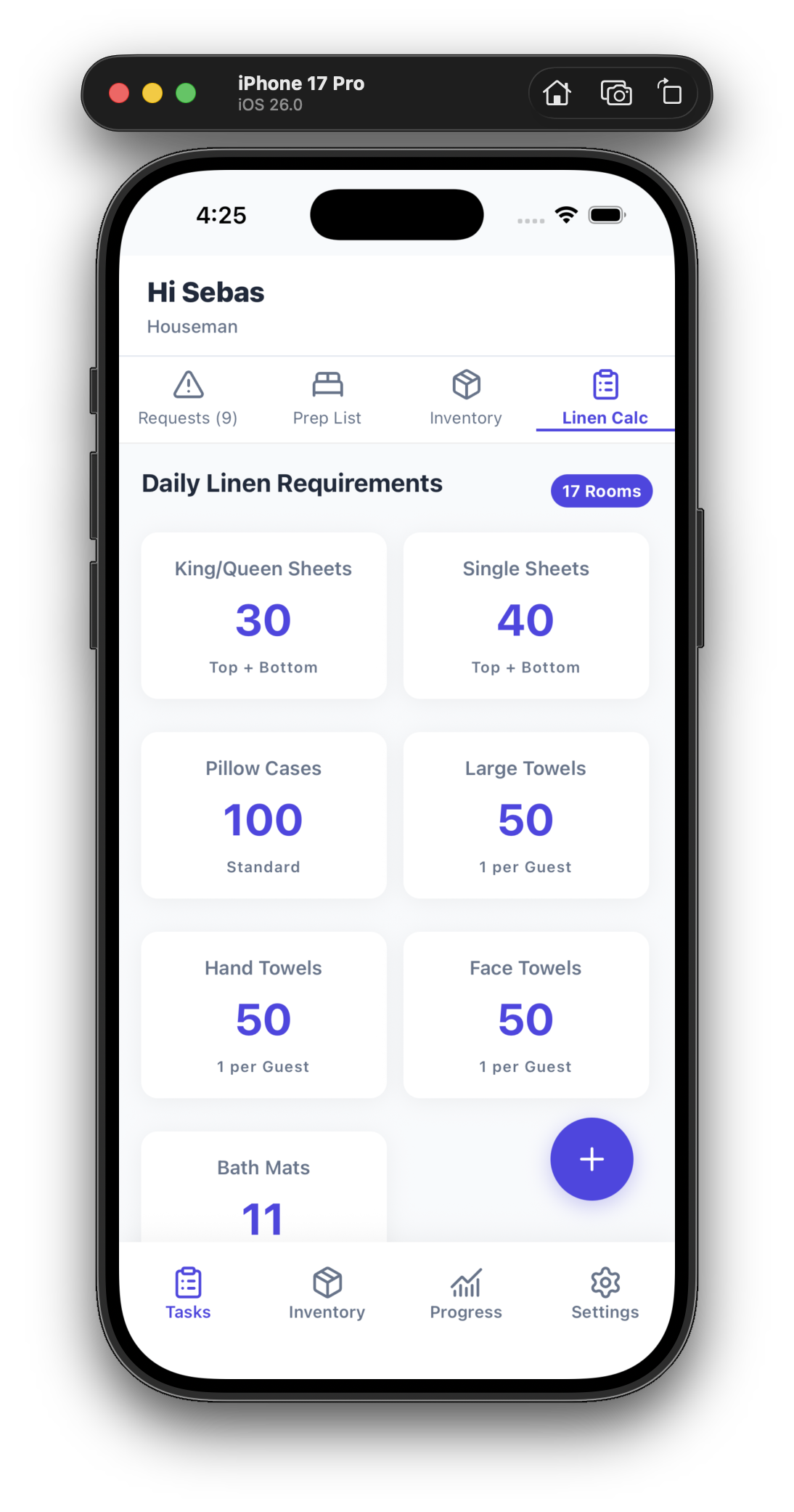 Daily linen requirements calculator showing King/Queen/Single sheets and towels