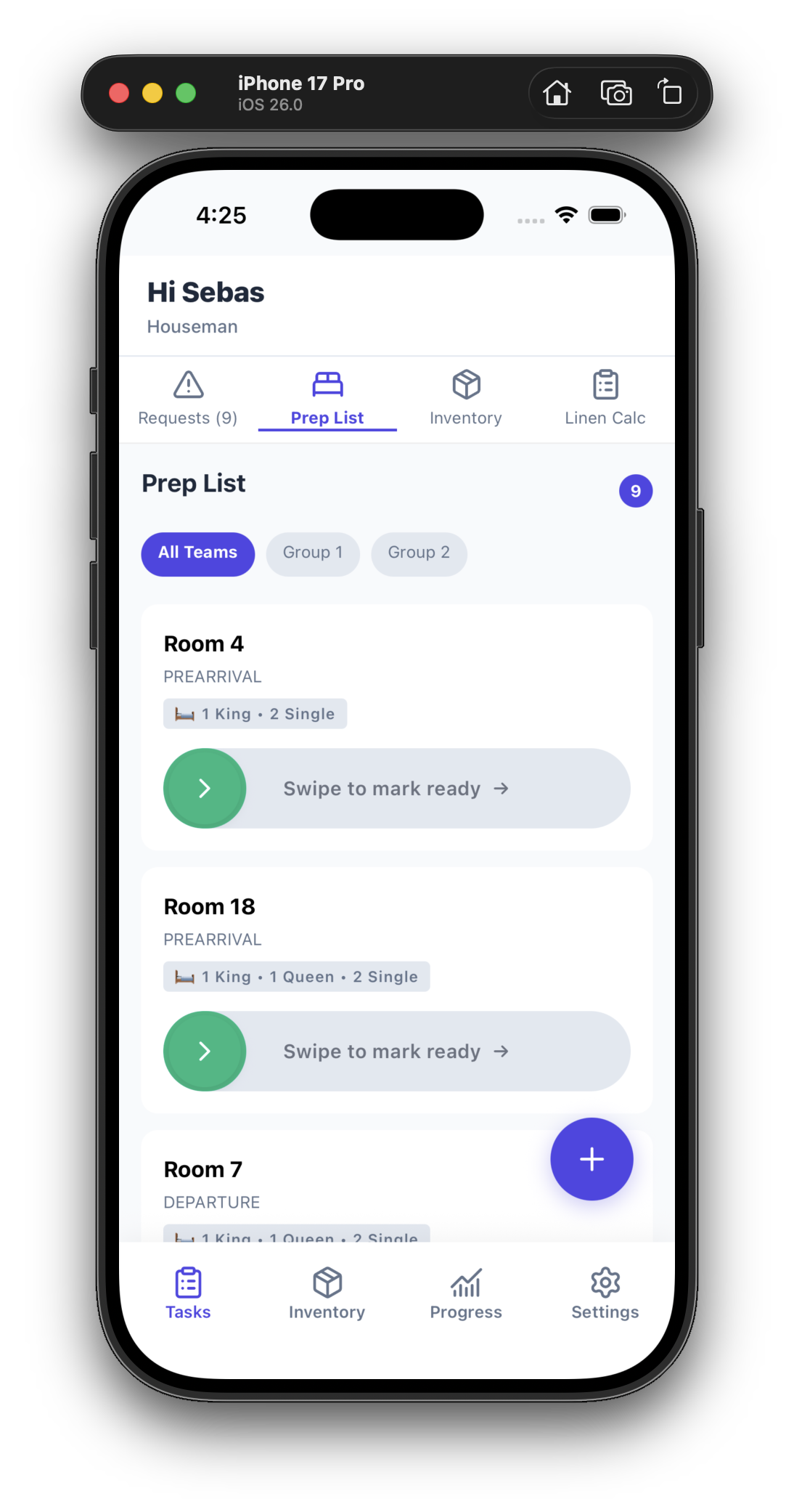 Prep list with swipe-to-mark-ready interactions