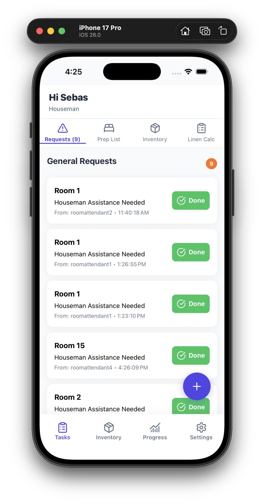 Houseman general requests list from room attendants