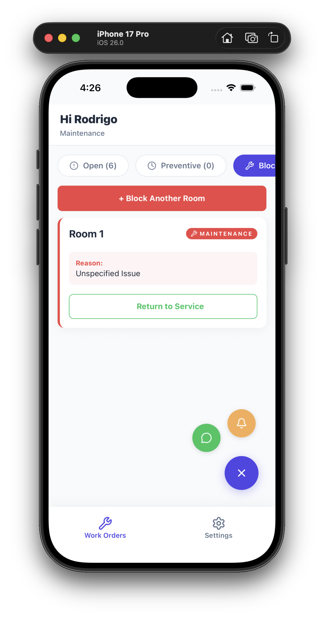Blocked rooms list with reason and return to service button