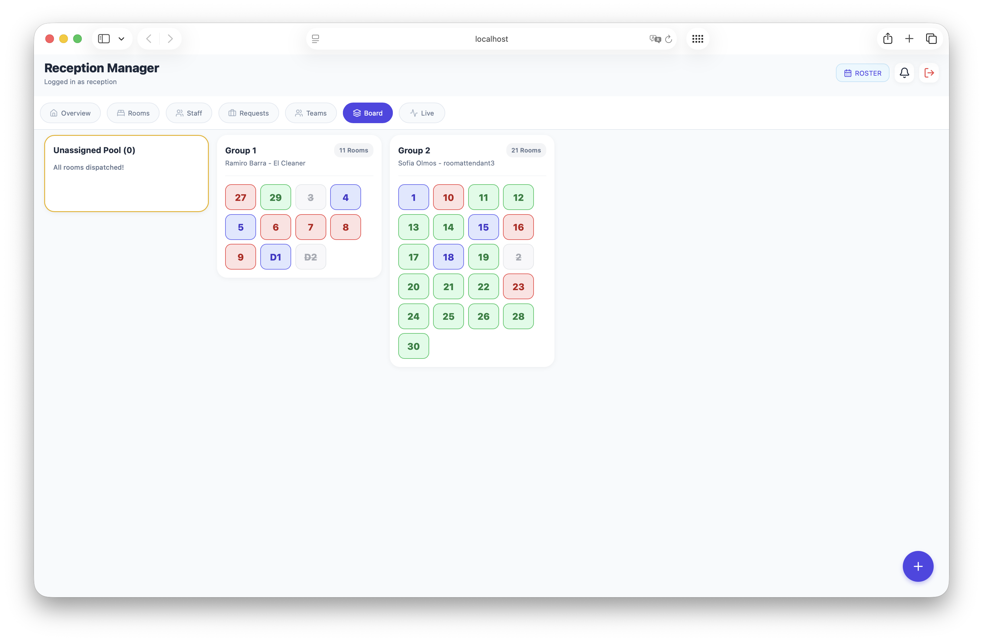 Reception web board showing all rooms grouped by cleaning team