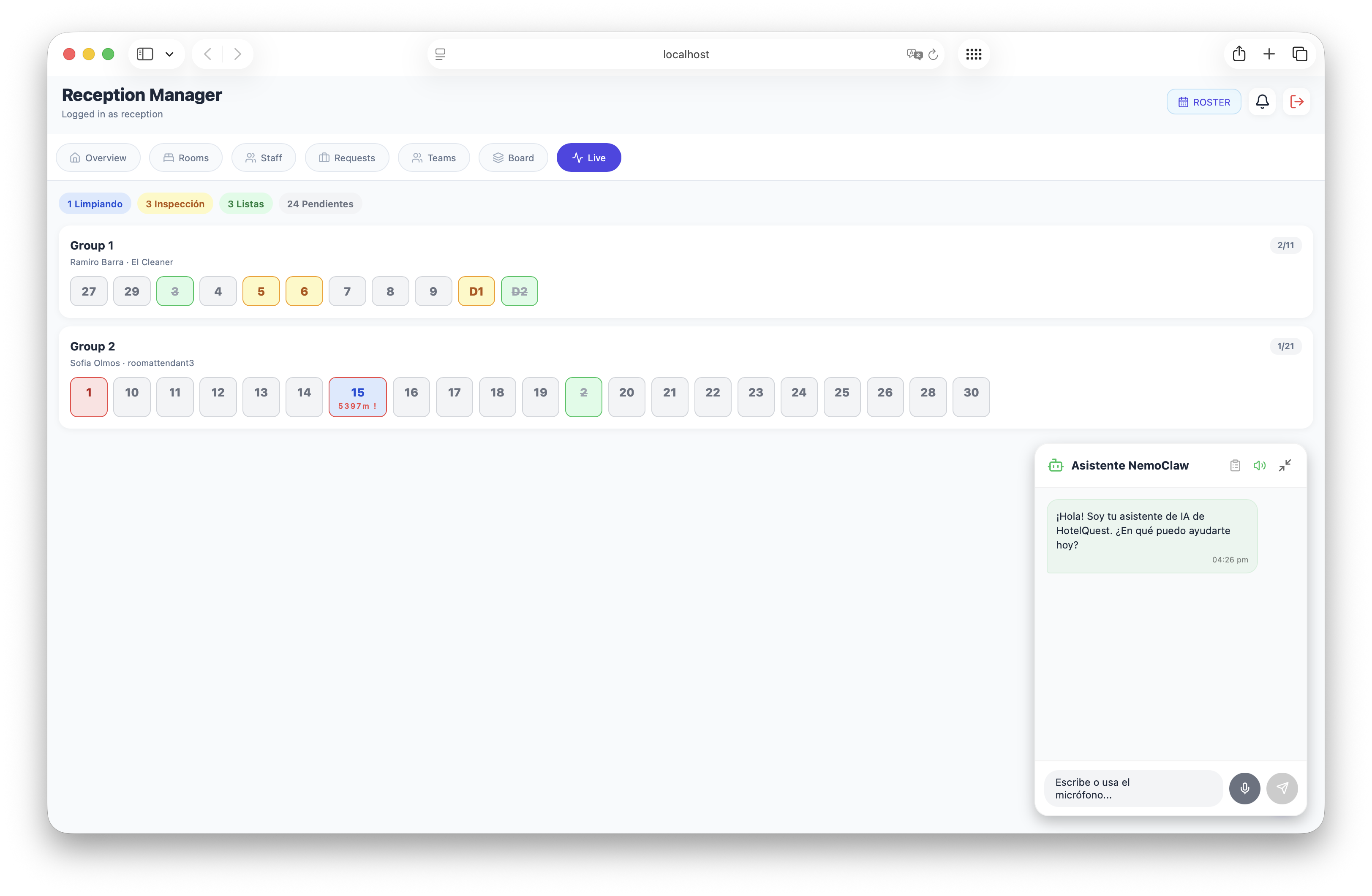 Reception live dashboard with NemoClaw AI panel open