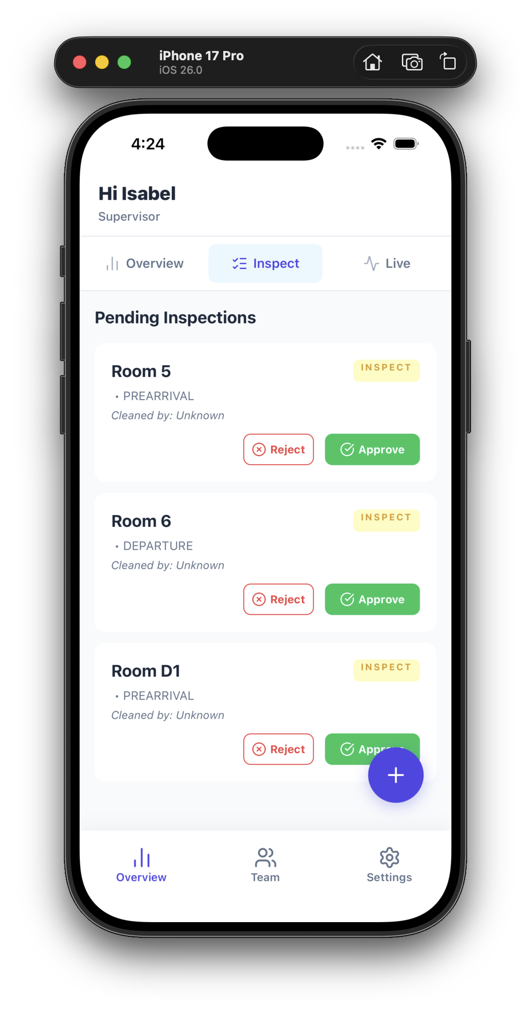 Pending inspections list with approve and reject actions