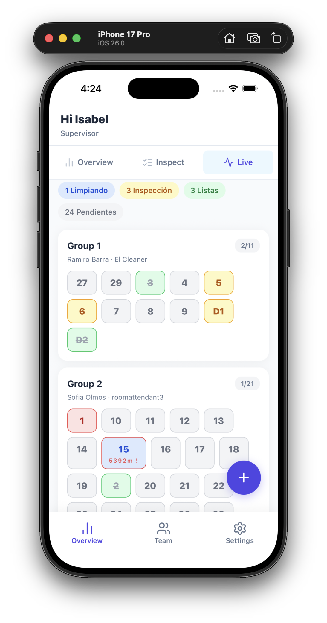 Supervisor live view showing all rooms colour-coded by status