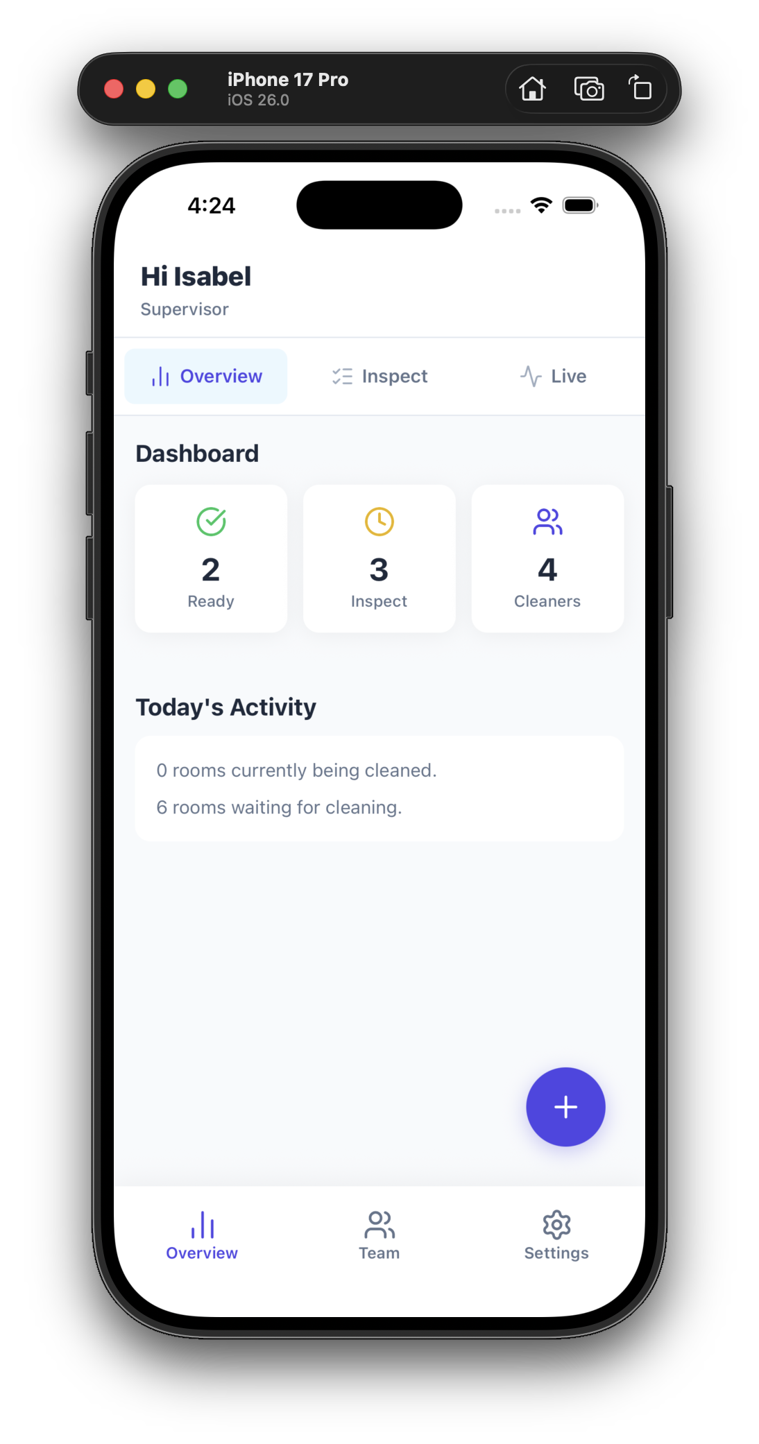Supervisor overview dashboard with Ready, Inspect and Cleaners counts